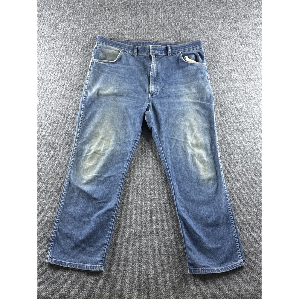 VINTAGE Wrangler Jeans Mens 38x29 Blue Wash Distressed Workwear USA 85498PS